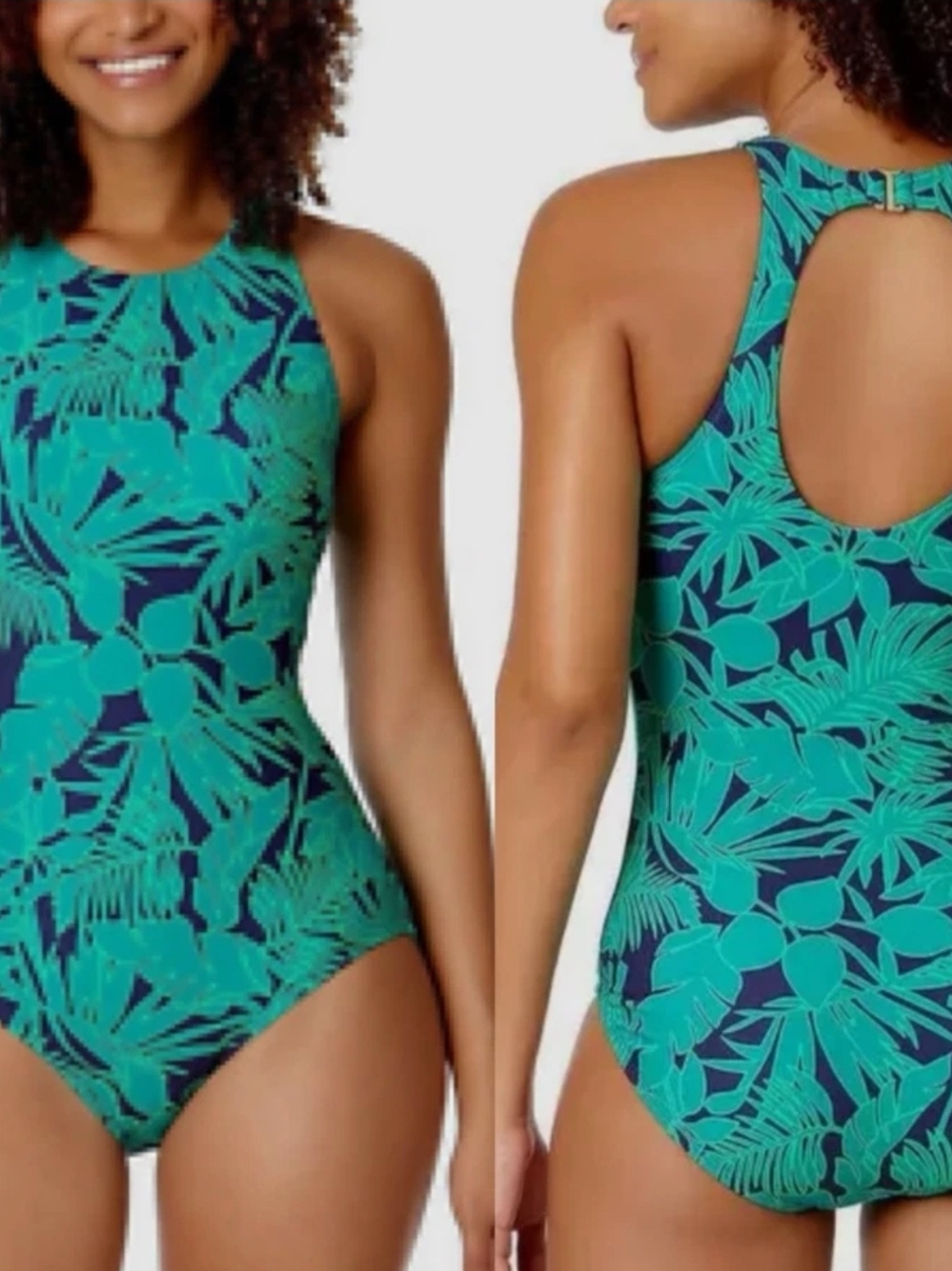 Lands' End Teal and Navy Tropical High-Neck Builtin Padded Bra Swimsuit Large